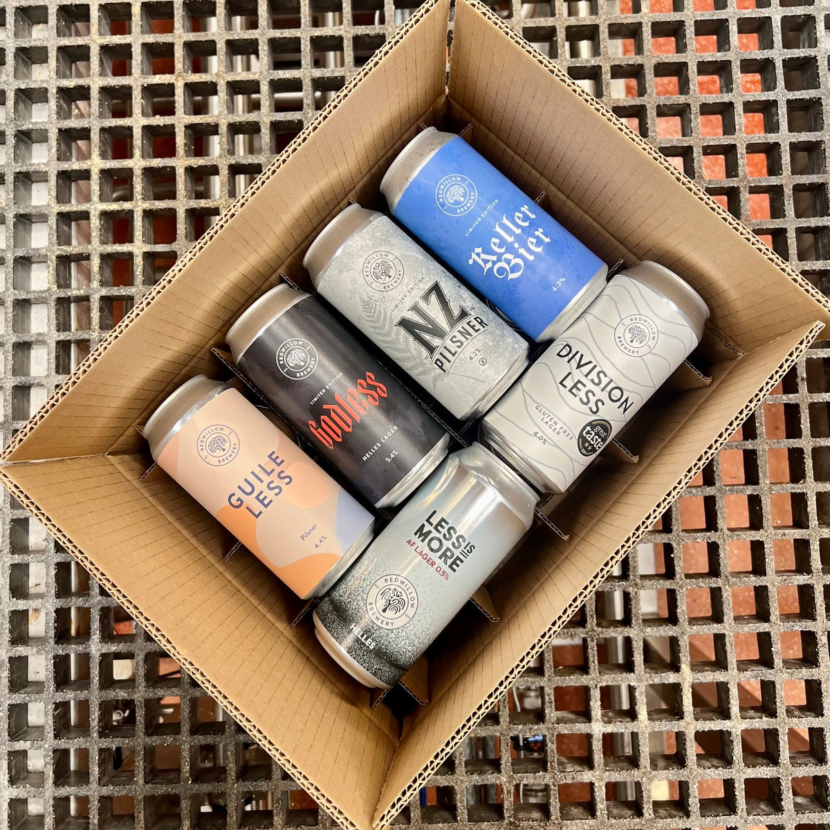 A top view of an open shipping box of showing 6 different craft beer lager cans viewed from above