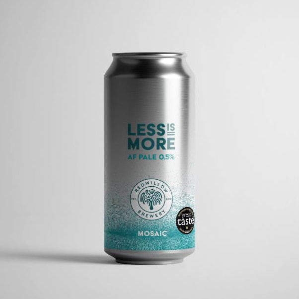 A 330ml aluminum can of Red Willow Brewing's 'Less Is More' Mosaic IPA, featuring a metallic silver body with a teal gradient at the bottom and a black 'Taste Test' seal, set against a light gray background.